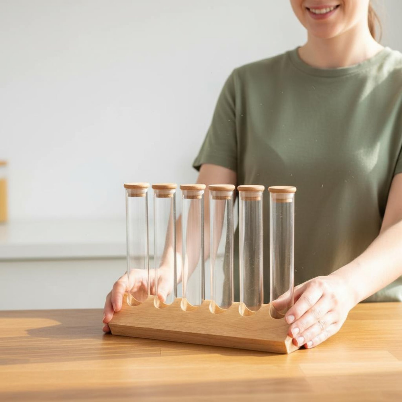Glass Container Set - Glazen buisvormige bewaardoosenset met houten standaard,