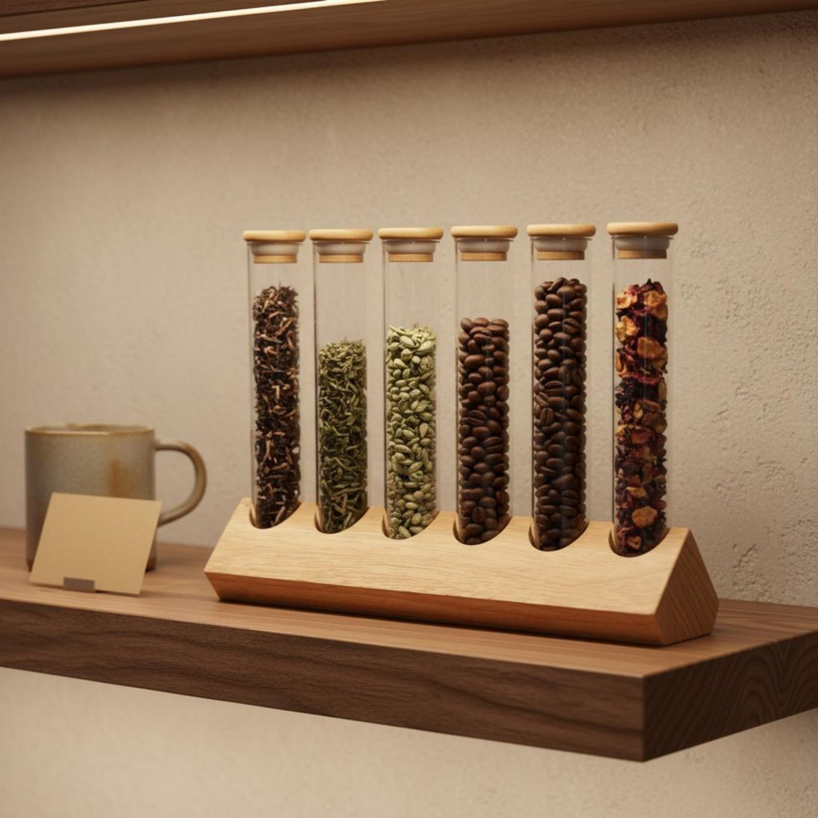 Glass Container Set - Glazen buisjes set met houten standaard,