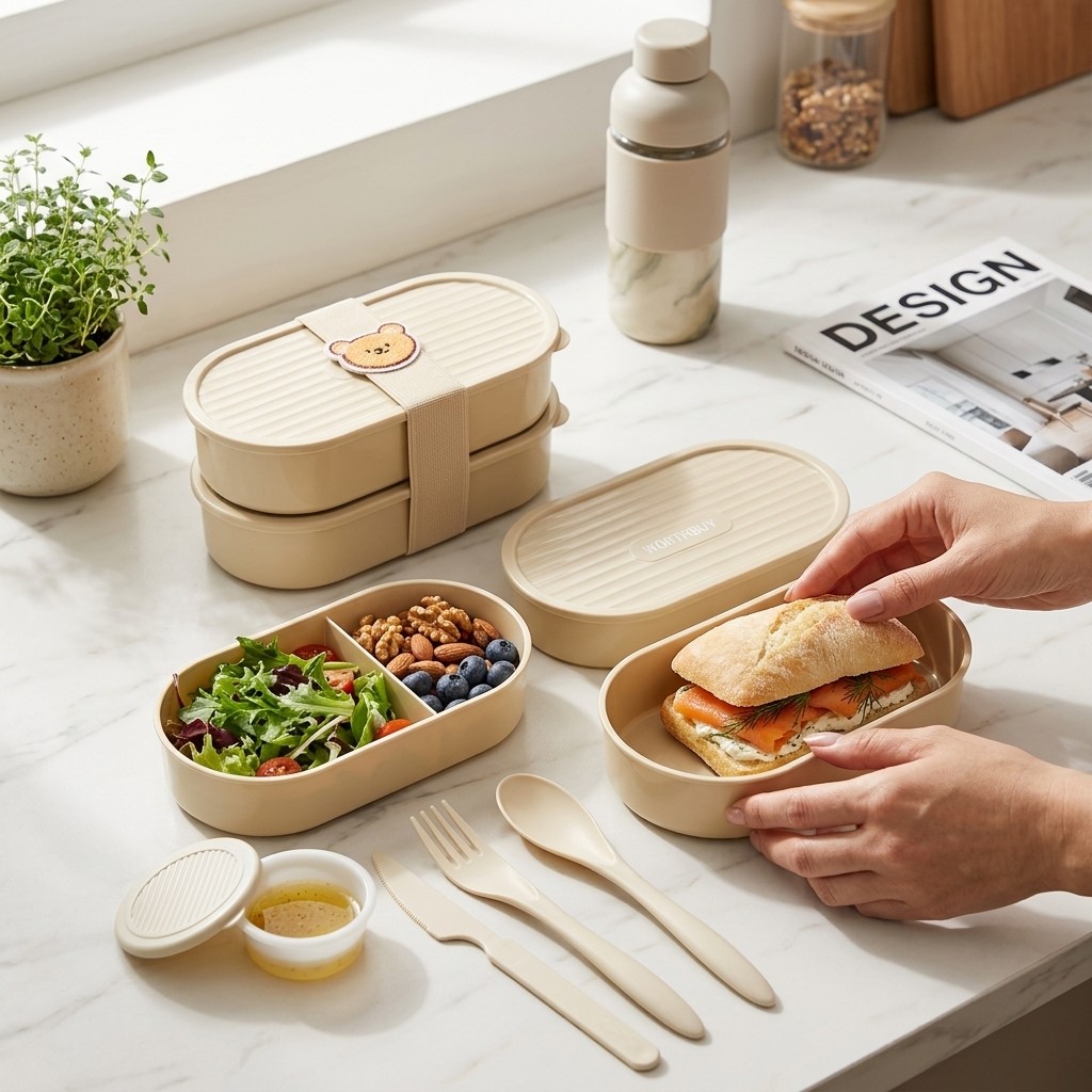 Meal Prep Box - Dubbellaagse ovale lunchbox met schattige riem,